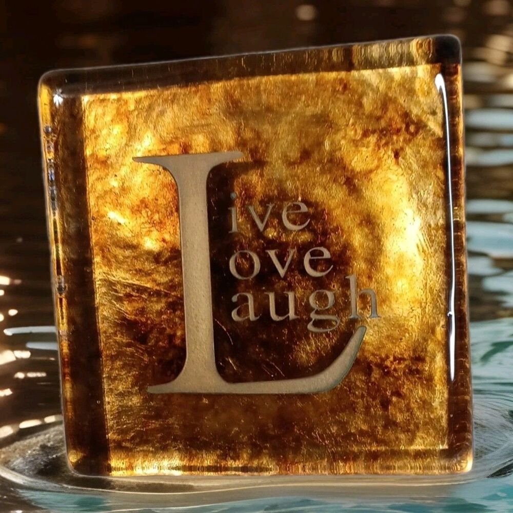 Live Love Laugh Glass Paperweight Gold Foil 6x6 Large Square Desk Decor Gift